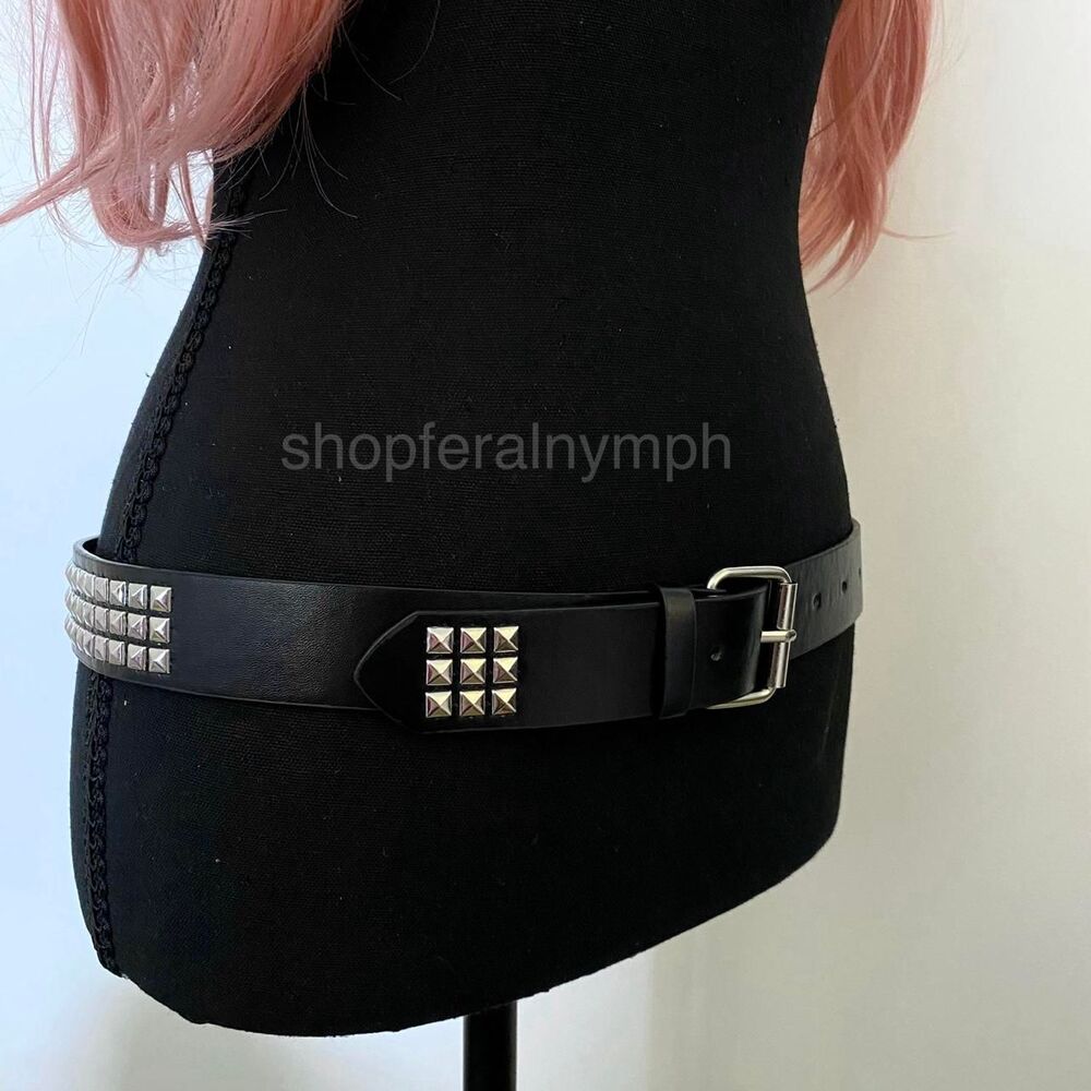 Black Y2K Triple Row Pyramid Studded Belt, Fits 26 to 35 Inches, X7GA1383